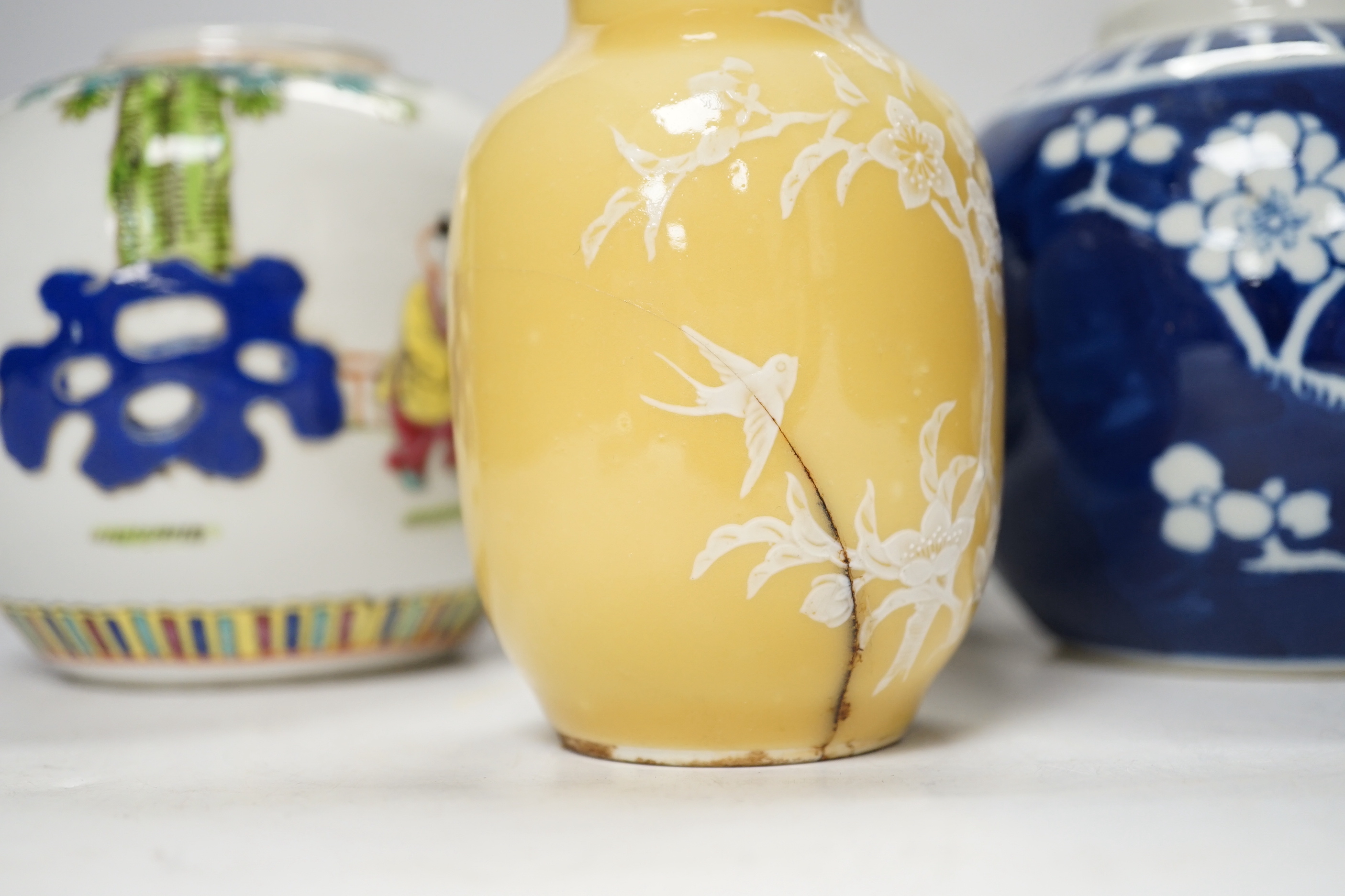 A Chinese blue and white ginger jar, a green two-handled double gourd vase, a pair of vases, and another, tallest 15cm